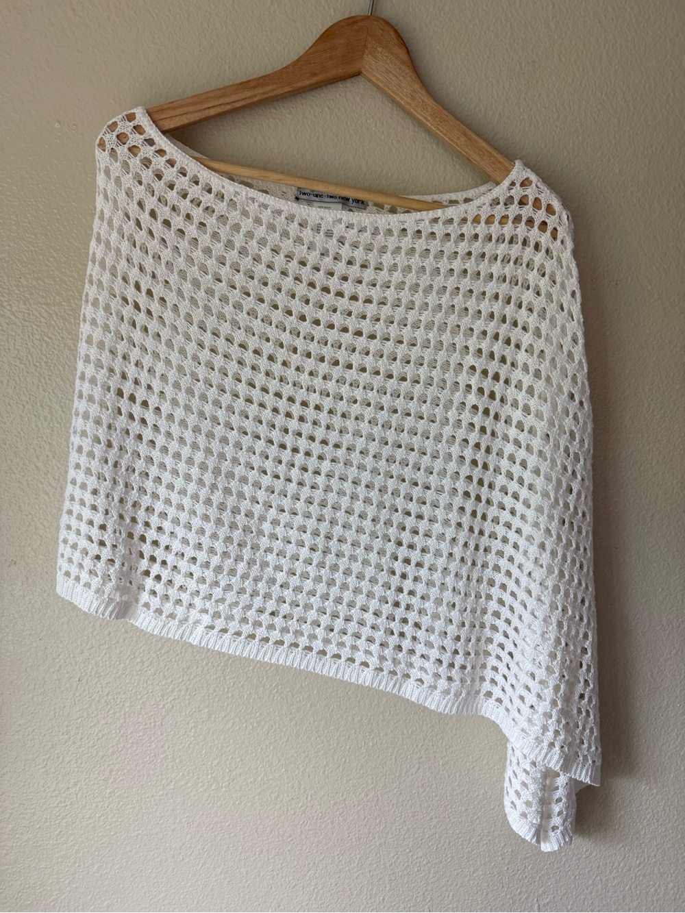 Off-the-Shoulder Open-Knit Sweater Poncho in White